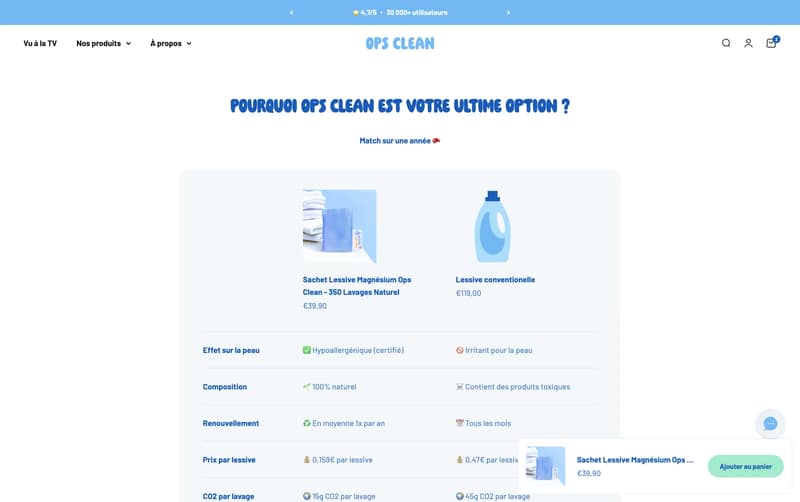 Tableau comparatif entre la lessive Ops Clean et une lessive conventionnelle, sur la boutique Shopify