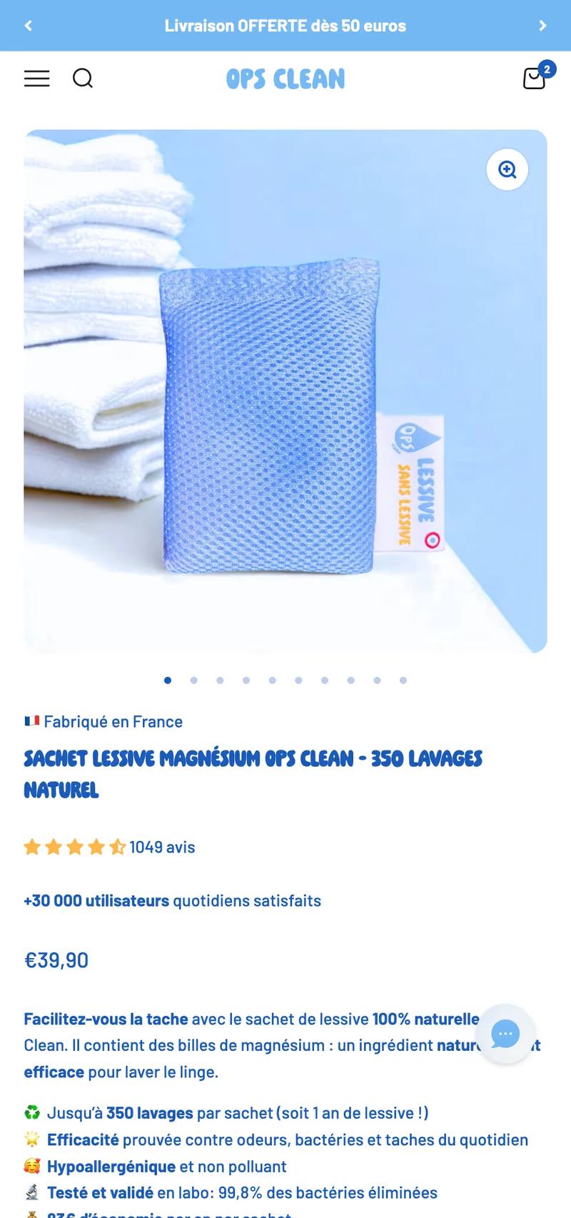 Fiche produit lessive Ops Clean sur Shopify en mode mobile