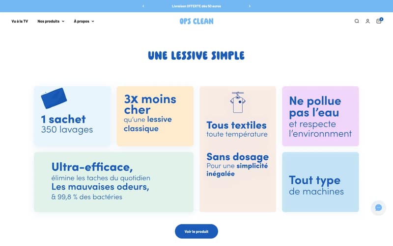 Page d'accueil de la boutique Shopify Ops Clean, section des avantages