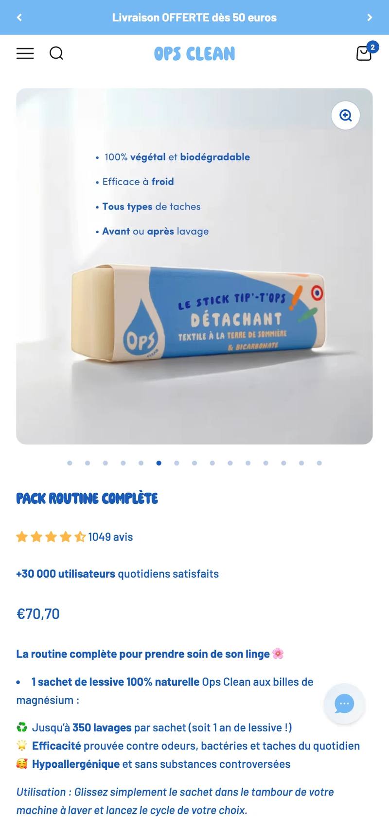 Fiche produit du détachant Op Clean sur Shopify en version mobile