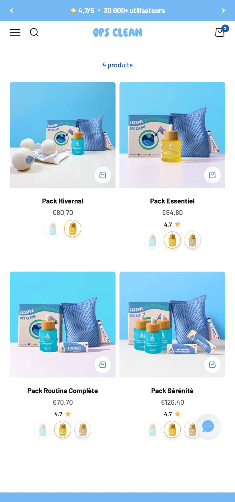 Fiche des packs de ventes sur le Shopify d'Ops Clean en mobile