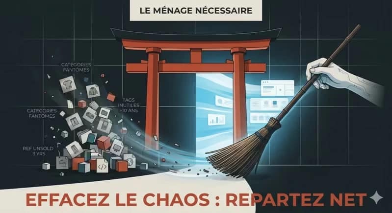 Illustration métaphorique d'une migration e-commerce : une main balaie le chaos des anciennes données PrestaShop (fichiers obsolètes, catégories fantômes) à travers un Torii japonais pour aboutir à une interface Shopify épurée et structurée. Texte : 'Effacez le chaos : repartez net' par l'agence SHUNPO.
